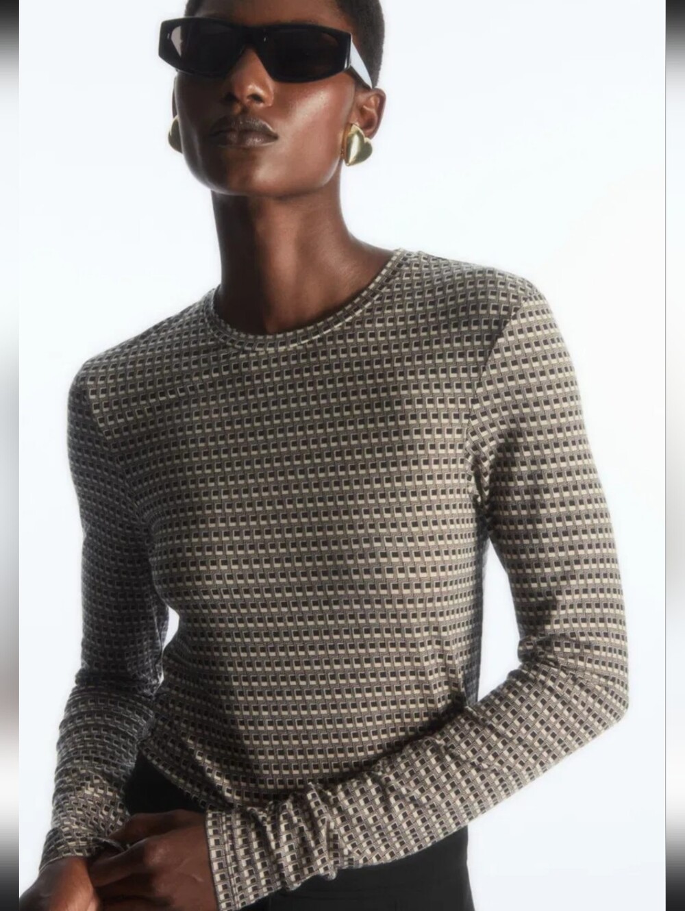 COS Second Skin Cream and Black Geometric Long-Sleeve Top Size S
